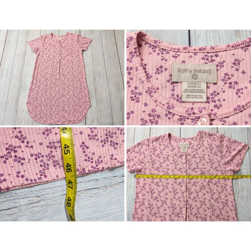 Kathy Ireland Large Pink Floral Ribbed Cotton Blend Nightgown Sleep Shirt